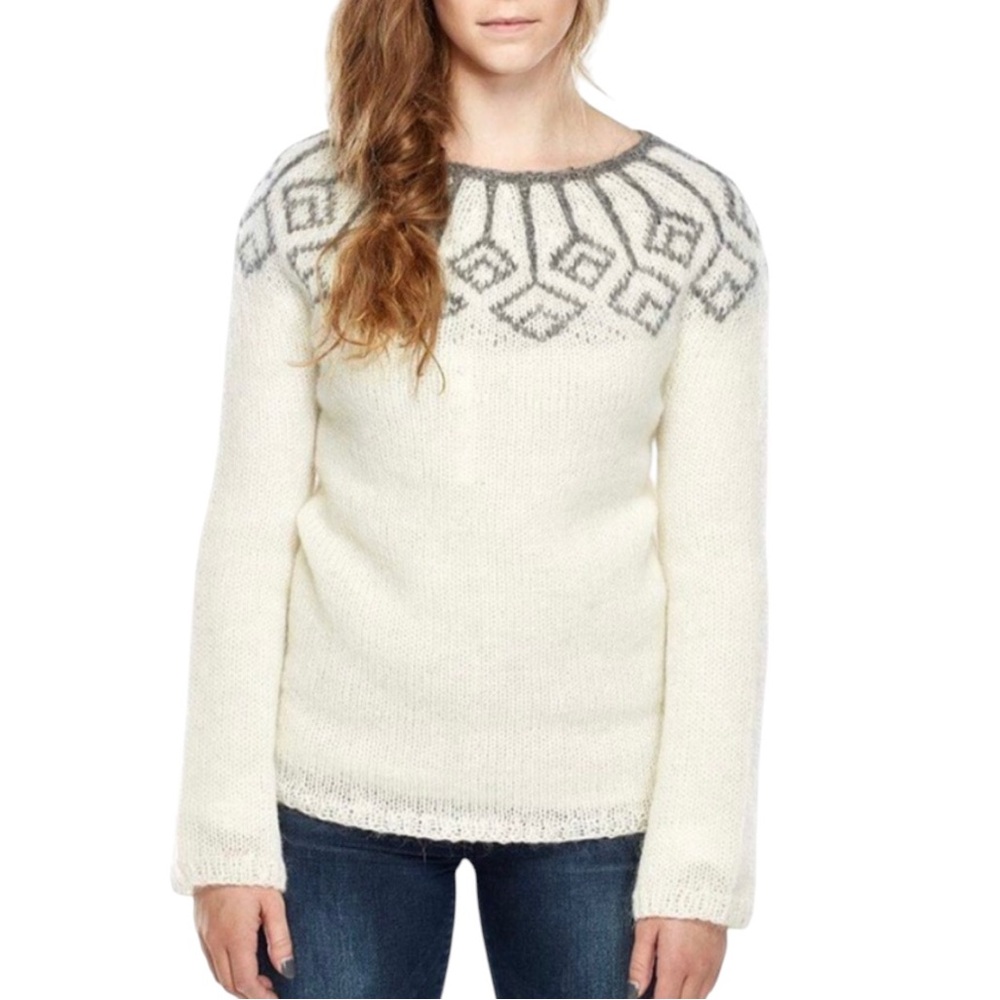 J. Davidsson Erla Hand Knit Ivory & Gray Geometric Icelandic Wool Sweater - L